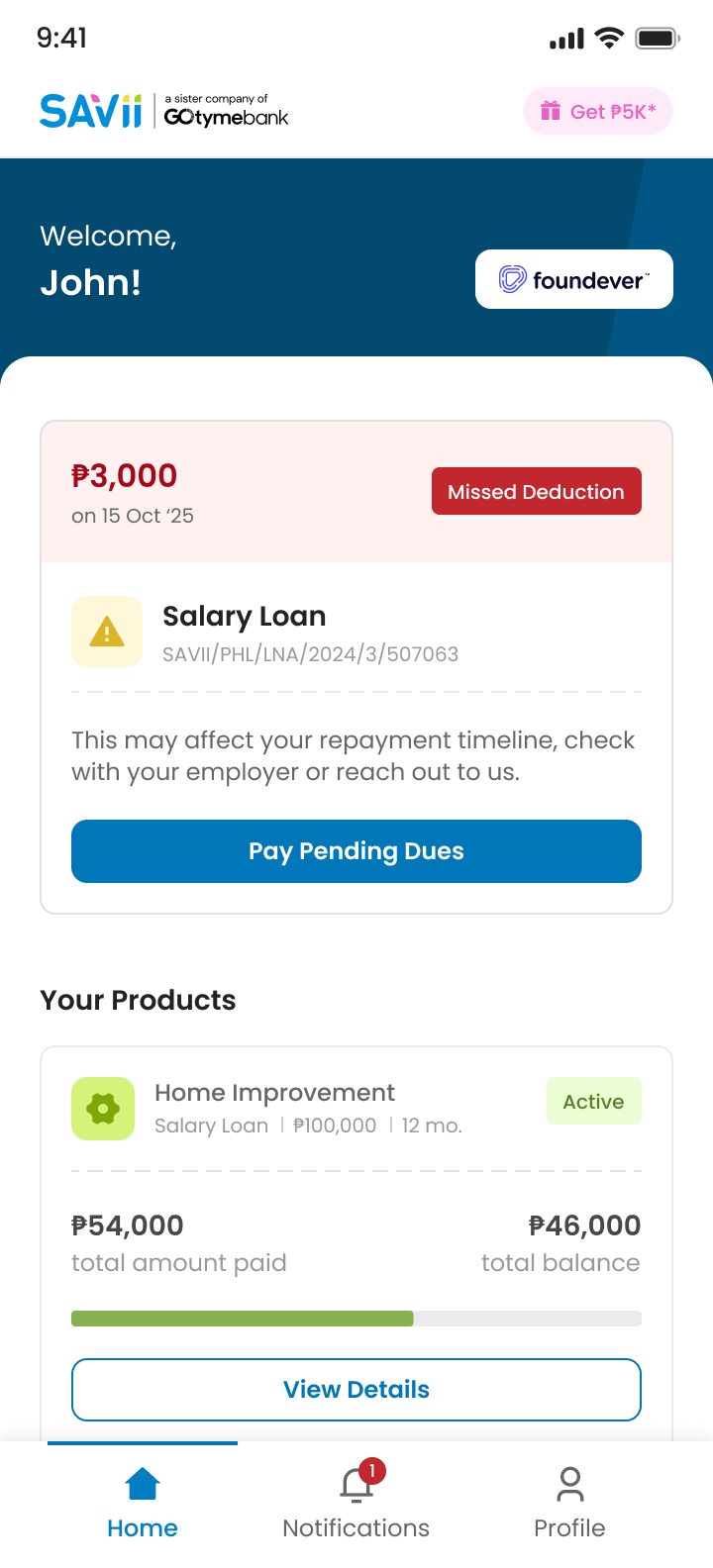 The SAVii home screen with a missed-deduction card pinned above the product list: the ₱3,000 missed amount, the affected salary loan, a prompt to check with the employer or reach out to support, and a Pay Pending Dues button.